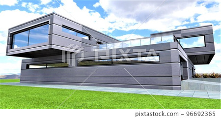 Aluminum composite panels as a finish for a modern country house. Aesthetic appearance. High strength and long service life. Thermal efficiency and environmental friendliness. 3d rendering. 96692365