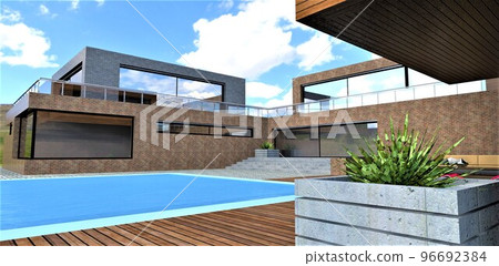 Swimming pool with wooden flooring in the yard of a wonderful country cottage. Concrete flowerpot for plants. Wall decoration with old natural bricks. 3d rendering. 96692384