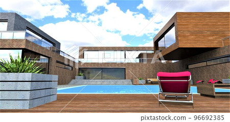 Terrace board with red sun loungers and concrete flower pots in front of a swimming pool in the backyard of an eco-friendly dwelling made from old natural bricks. 3d rendering. 96692385