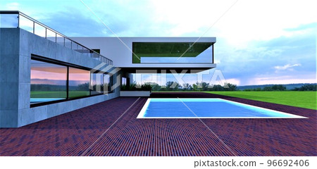 Red brick paving around the swimming pool in the yard of a stylish modern country house with a glass-walled cantilevered floor. 3d rendering. 96692406