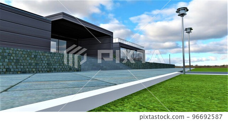 A white border separates the pavement in the form of stone slabs from the green lawn. Two metal street lamps. Concrete staircase up to the porch of a futuristic country house. 3d rendering. A white border separates the pavement in the form of stone slabs from the green lawn. Two metal street lamps. Concrete staircase up to the porch of a futuristic country house. 3d rendering. 96692587