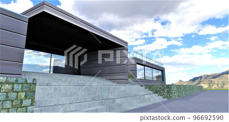 Concrete porch stairs of an advanced stylish house in the near future. The exterior is finished with metal panels with heat-efficient filling. 3d rendering. 96692590
