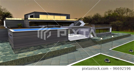 Night illumination of a futuristic house with a swimming pool on the roof terrace. Stairs and curbs are painted with luminescent paint. Steel balls of unknown purpose on the lawn. 3d rendering. Night illumination of a futuristic house with a swimming pool on the roof terrace. Stairs and curbs are painted with luminescent paint. Steel balls of unknown purpose on the lawn. 3d rendering. 96692596