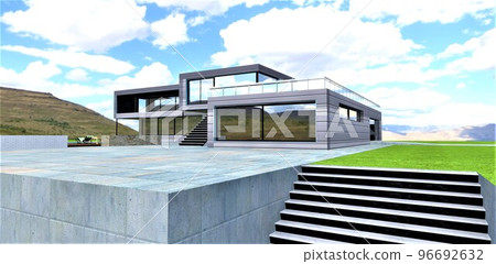 Staircase up to the courtyard of a futuristic building. Large concrete pavers on the ground. Juicy green lawn. 3d rendering. 96692632