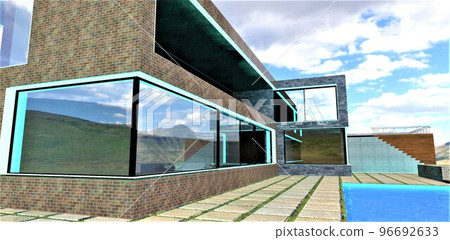 Stylish lighting of window openings of a country house with LED strip in the daytime. Massive concrete pavers next to the pool. 3d rendering. 96692633