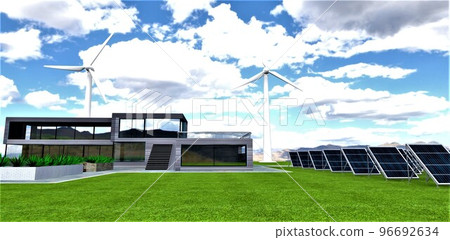 The blades of high wind turbines are hidden in white clouds above a technological estate in an ecologically clean area in the mountains. Several rows of solar panels on the lawn near the house. 3d 96692634