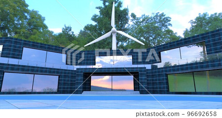 The combination of a wind turbine and solar panels on the facade will provide redundant energy independence for a sustainable building in the near future. 3d render. The combination of a wind turbine and solar panels on the facade will provide redundant energy independence for a sustainable building in the near future. 3d render. 96692658