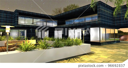 Stunning night view of a cozy patio in the courtyard of an eco-friendly house with walls finished with solar panels. Aesthetic and energy efficient solution. 3d render. 96692837