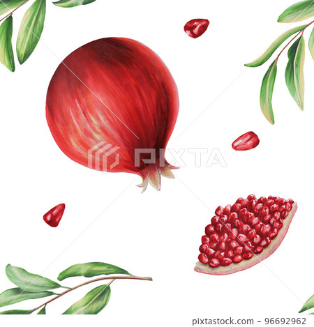 Watercolor seamless pattern with ripe pomegranate half cutted with leafs and flowers. Hand drawn realistic tasty garnet red fruit isolated on white background. For designer Watercolor seamless pattern with ripe pomegranate half cutted with leafs and flowers. Hand drawn realistic tasty garnet red fruit isolated on white background. For designer 96692962