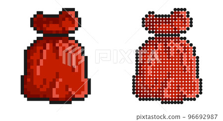 Pixel icon. Red holiday bag with gifts, santa bag with children toys. Simple retro game vector isolated on white background Pixel icon. Red holiday bag with gifts, santa bag with children toys. Simple retro game vector isolated on white background 96692987