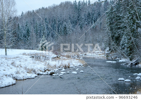 Winter landscape in the Gauja National Park. River Amata in winter 96693246