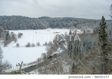 Winter landscape in the Gauja National Park. River Amata in winter 96693257