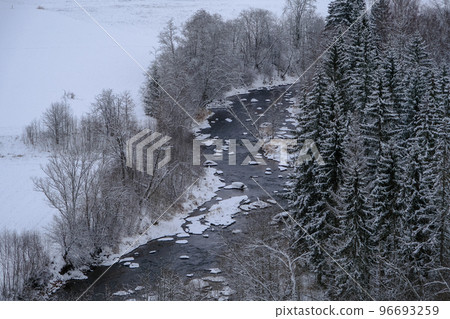 Winter landscape in the Gauja National Park. River Amata in winter. Winter landscape in the Gauja National Park. River Amata in winter. 96693259