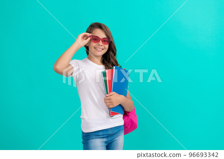 back to school. knowledge day. education. kid in glasses hold copybook. september 1. 96693342