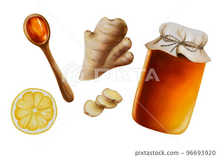 Watercolor glass jar of amber honey with wooden spoon with honey, ginger root, slices, lemon. Hand drawn immunity strengthening vitamins illustration Watercolor glass jar of amber honey with wooden spoon with honey, ginger root, slices, lemon. Hand drawn immunity strengthening vitamins illustration 96693920