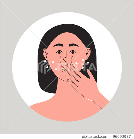 Young woman have problem with belching, she holding hand near her mouth. Burping girl. Funny flat vector medical illustration 96693987