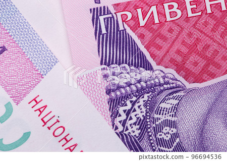 Ukrainian money. Hryvnia paper bill. Background texture. Macro, close-up. 96694536
