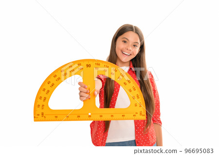happy kid hold protractor study trigonometry at school isolated on white, school 96695083