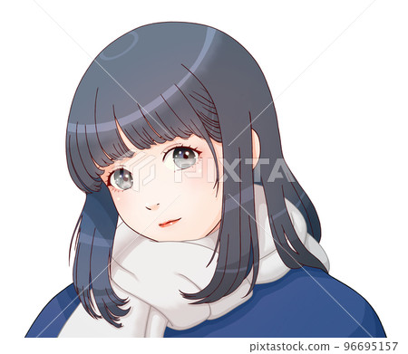 戴圍巾的女孩，衣服=海軍藍，圍巾=亮灰色，頭髮=海軍藍 96695157