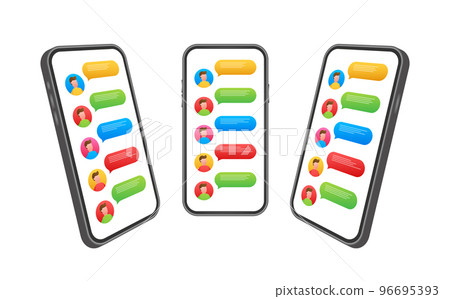 Messaging concept. Chatting people. Chat text bubbles on phone screen. Vector stock illustration. 96695393