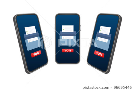 Hand puts vote bulletin into vote box on smartphone screen. Voting concept. Ballot box. Vector stock illustration. Hand puts vote bulletin into vote box on smartphone screen. Voting concept. Ballot box. Vector stock illustration. 96695446