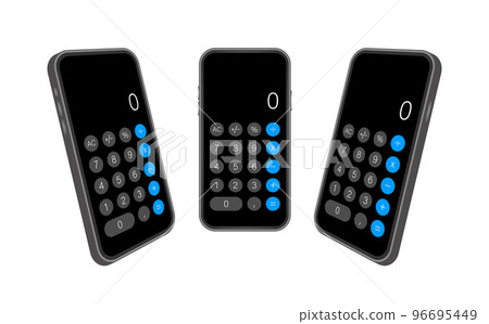 Button with black calculator smartphone. Mobile app interface. Phone display. Mobile phone smartphone device gadget. Vector stock illustration. Button with black calculator smartphone. Mobile app interface. Phone display. Mobile phone smartphone device gadget. Vector stock illustration. 96695449