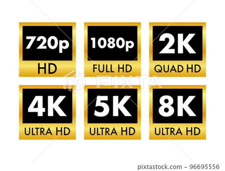 Video dimension labels. Video resolution 720, 1080, 2k, 4k, 8k badges. Quality design element. Vector stock illustration. Video dimension labels. Video resolution 720, 1080, 2k, 4k, 8k badges. Quality design element. Vector stock illustration. 96695556