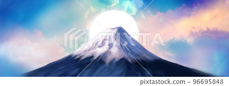 一幅山水畫的寬幅插圖,有美麗的白雪皚皚的富士山,極光般的雲海,以及一年中的第一縷日出。 一幅山水畫的寬幅插圖,有美麗的白雪皚皚的富士山,極光般的雲海,以及一年中的第一縷日出。 96695848