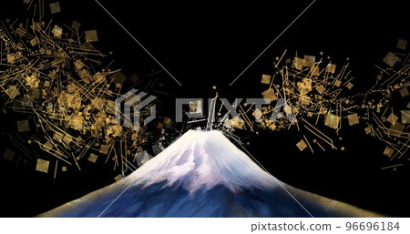 美麗的白雪覆蓋的富士山和金葉、金粉、日本繪畫風格背景與舞沙寬尺寸插圖和黑色背景 96696184