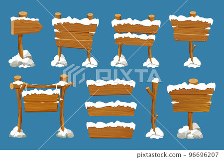 Set winter old wooden blank, signboard with snow in cartoon style.Empty frames, direction plank isolated on blue background. Season decoration Set winter old wooden blank, signboard with snow in cartoon style.Empty frames, direction plank isolated on blue background. Season decoration 96696207