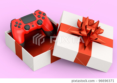 Gift boxes with joystick, ribbon and bow on pink background. greeting design 96696371