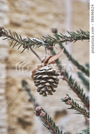 Christmas tree is decorated with natural pine tree cone painted in gold. Handmade Christmas decorations zero-waste and no plastic concept 96696624