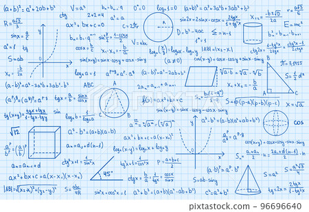 Mathematics theory and mathematical formula. Handwritten symbols isolated on blue background with hand drawn formulas used for school education and paperwork. Vector illustration. Mathematics theory and mathematical formula. Handwritten symbols isolated on blue background with hand drawn formulas used for school education and paperwork. Vector illustration. 96696640