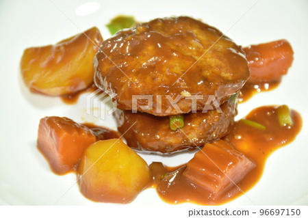 deep fried chop pork dressing potato and carrot with sweet gravy sauce on plate 96697150