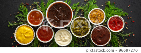 Sauces in bowls with seasonings Sauces in bowls with seasonings 96697270