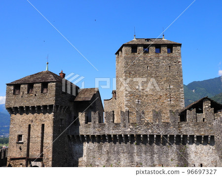Medieval Montebello citadel in Bellinzona city in Switzerland Medieval Montebello citadel in Bellinzona city in Switzerland 96697327