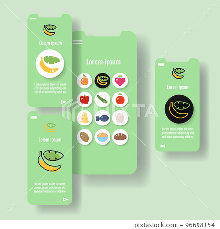 Template mobile app page with banana fruit. Food outline icon vector illustration Template mobile app page with banana fruit. Food outline icon vector illustration 96698154