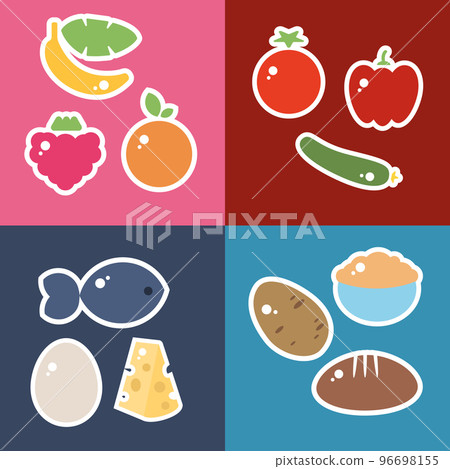 Fruit and vegetable stickers of healthy nutrition with bread, oat porridge, potato carbohydrates, and egg, fish, and cheese proteins. Outline vector illustration Fruit and vegetable stickers of healthy nutrition with bread, oat porridge, potato carbohydrates, and egg, fish, and cheese proteins. Outline vector illustration 96698155