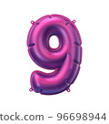 3D Render of pink purple inflatable foil balloon 9 figure. Party decoration element. Number nine isolated on white background. New year celebration postcard part. Graphic element sign for web design 96698944