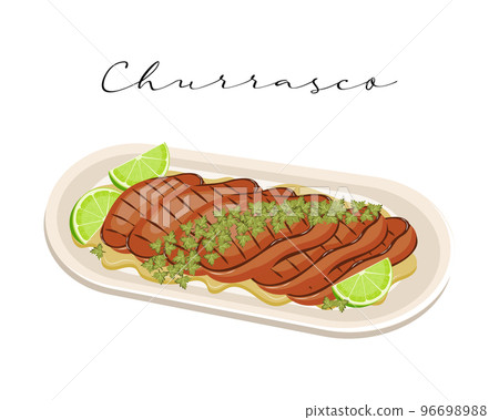 Grilled Brazilian meat with lime, Churrasco, Latin American cuisine. National cuisine of Brazil. Food illustration, vector 96698988