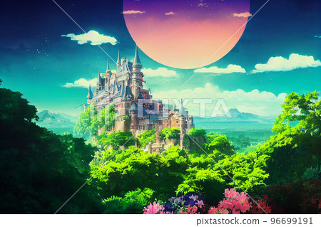 城堡 幻想 鮮花 植物 藍天 雲 花園 春天 96699191