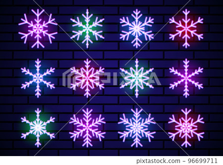 Set of neon snowflakes for Christmas decoration. Neon glowing snowflakes for winter holidays celebration. Collection ofsjiny elements or signs. 96699711