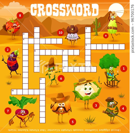 Crossword grid, cowboy sheriff, ranger and bandit vegetables on Wild West, vector quiz game. Crossword worksheet to guess word of pumpkin cowboy, avocado ranger with rifle and eggplant western robber Crossword grid, cowboy sheriff, ranger and bandit vegetables on Wild West, vector quiz game. Crossword worksheet to guess word of pumpkin cowboy, avocado ranger with rifle and eggplant western robber 96700176