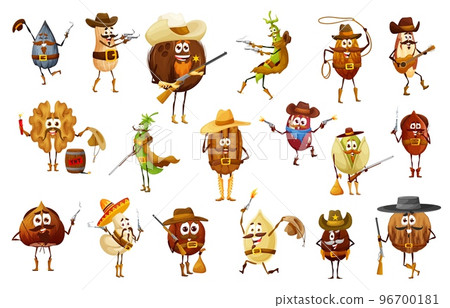 Nuts and beans cowboy, sheriff, ranger, robber and bandit characters. Vector coconut, peanut, walnut, sunflower or pumpkin seeds. Macadamia, almond, cashew or pistachio, coffee and brazilian nut 96700181