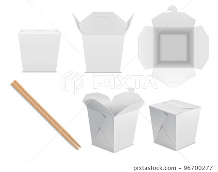 Asian noodle box package mockup. Chinese takeaway fast food box with chopsticks, asian WOK noodle paper packaging realistic mockup, Japanese restaurant meal cardboard 3d vector container 96700277