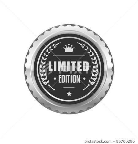Limited edition product silver badge and quality label. Premium product quality guarantee platinum label or badge, luxury quality and authenticity certificate glossy silver metal vector icon or stamp 96700290
