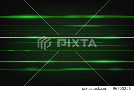 Green laser beams background, neon light rays and glow lines on black, vector light flash effect. Green laser beams and light rays, digital energy sparkles and galaxy shine on transparent background 96700296