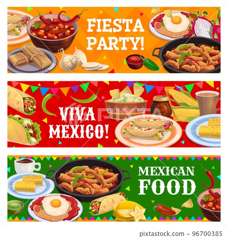 Mexican cuisine meals, drinks, fruits and snacks. Fiesta party and Mexico food festival, Tex Mex meals vector banner with corn, tacos and burrito, guacamole, nachos, jalapeno, enchiladas and bean stew Mexican cuisine meals, drinks, fruits and snacks. Fiesta party and Mexico food festival, Tex Mex meals vector banner with corn, tacos and burrito, guacamole, nachos, jalapeno, enchiladas and bean stew 96700385