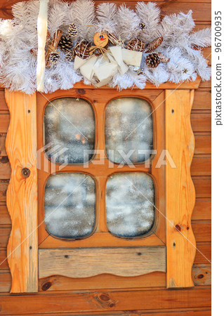 Small wooden window with Christmas decorations. Winter holidays concept 96700935