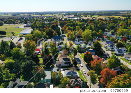 Aerial scene of Waterford, Ontario, Canada in the fall 96700969